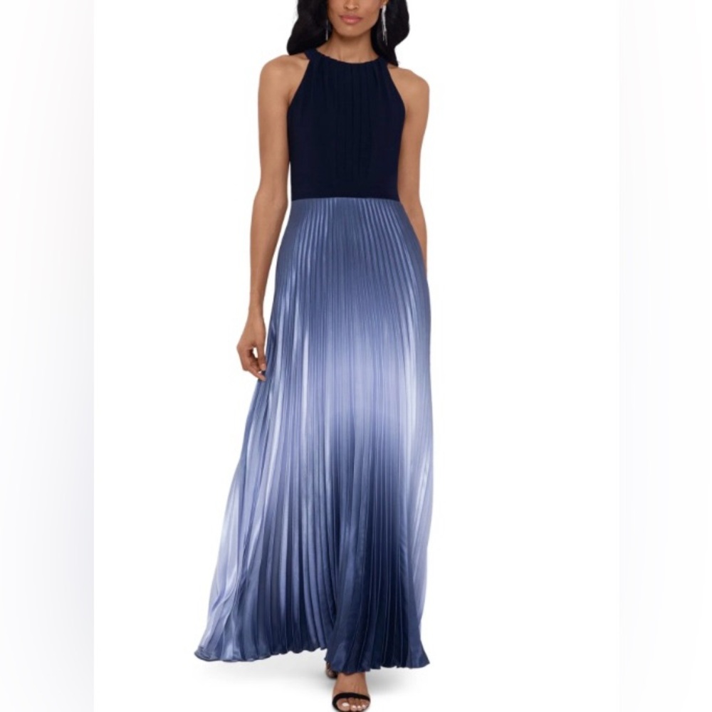 Betsy & Adam Navy to Silver Ombre Backless Dress